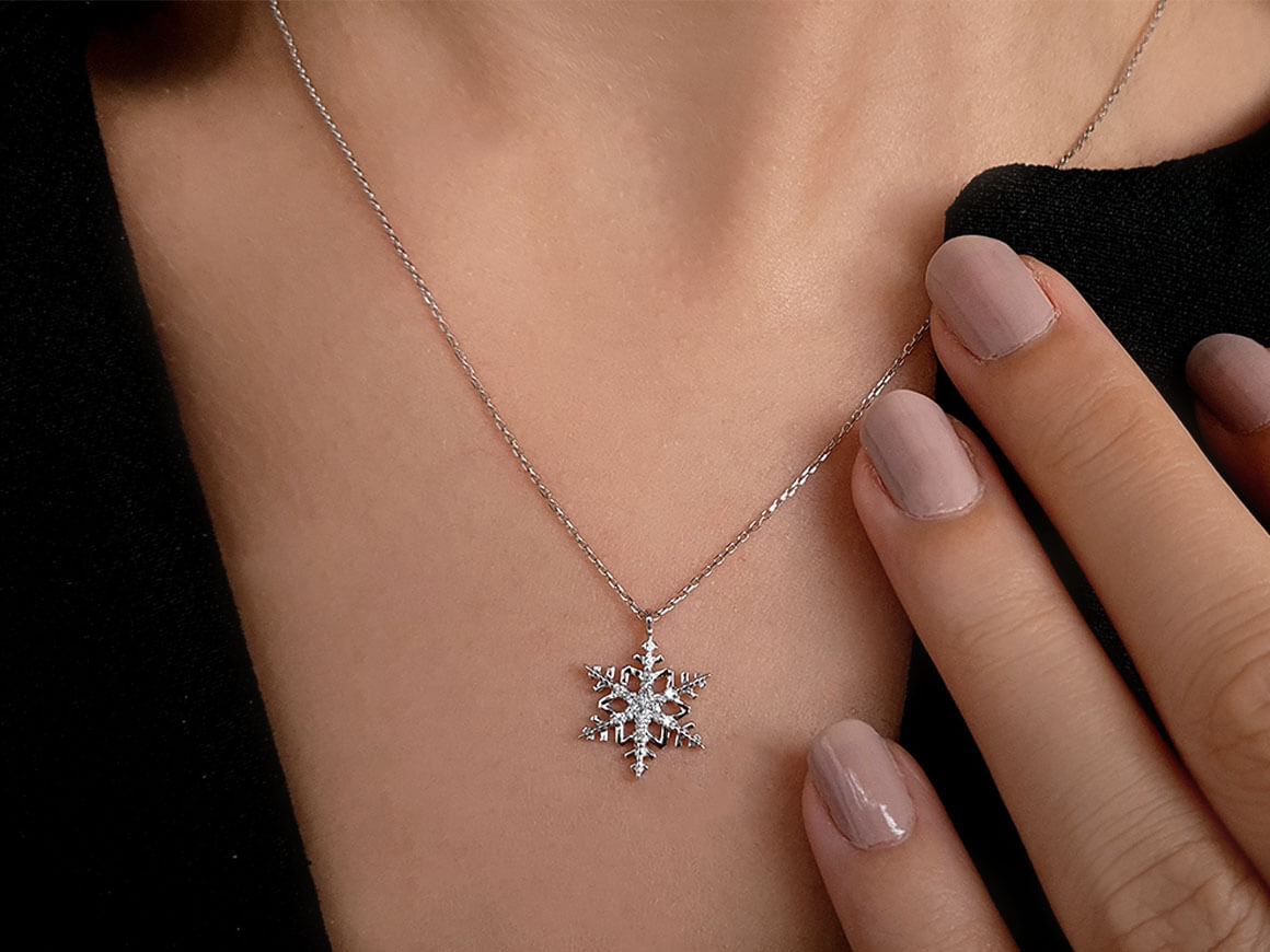 8K Beyaz Altın ve 0,07 ct pırlantalı kar tanesi kolye ucu - Rosy Lab Diamonds’tan yüksek kaliteli Mücevher