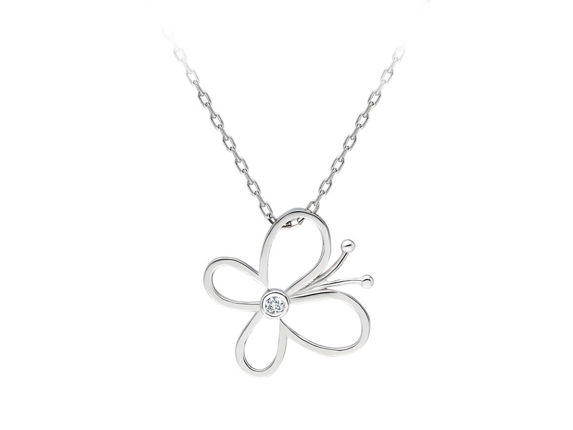 Minimalist butterfly necklace with a lab diamond in 8K white gold