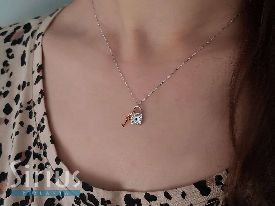 Lock & Key Pendant with Diamonds | 14K Bicolor Gold