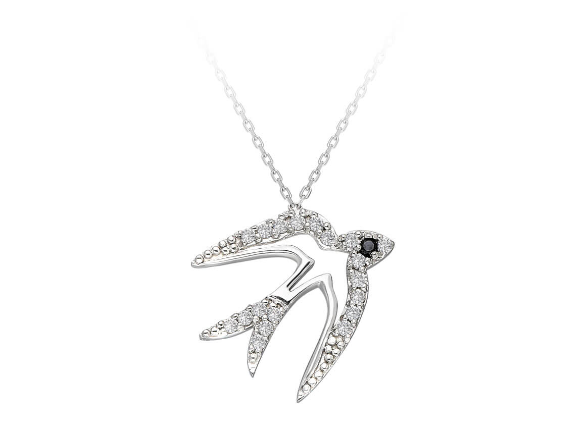 Pendentif hirondelles avec diamants blancs et noirs – Or Blanc 8K – Bijoux haut de gamme de Rosy Lab Diamonds