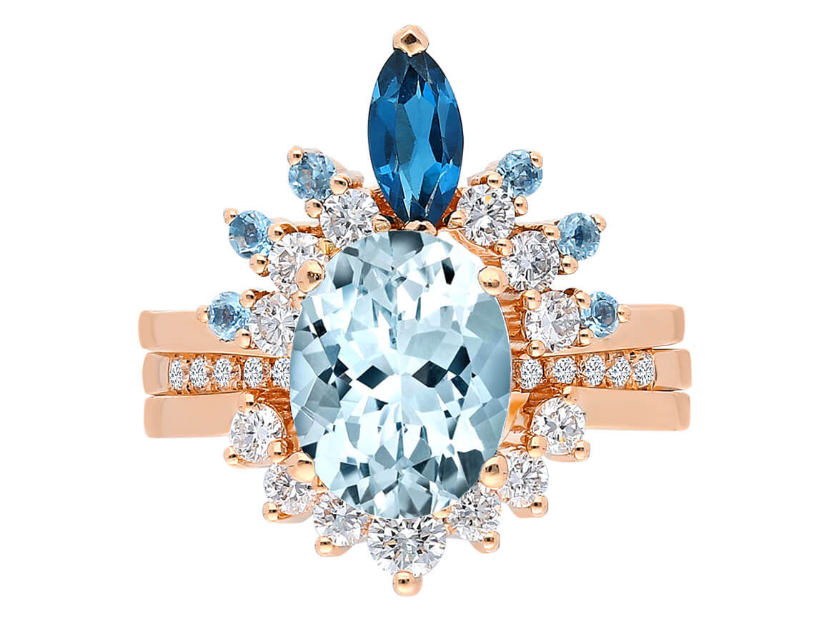 Quasar ring with diamonds, London blue topaz & blue topaz in rose gold