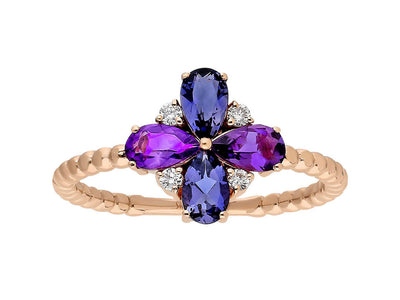 Rose gold ring with amethyst, iolite, and diamond setting