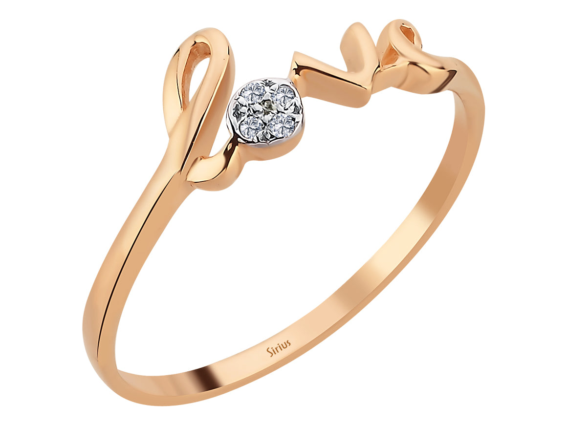 Bague avec inscription Love et 4 diamants en or rose 14 carats