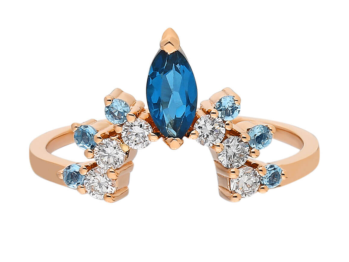 Crown ring with diamonds, London blue topaz & blue topaz in rose gold