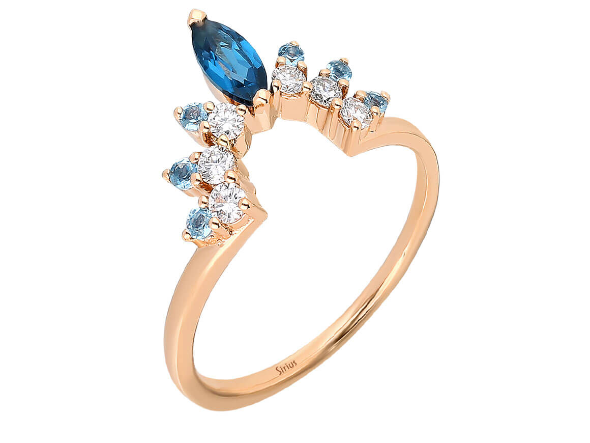 Crown ring with diamonds, London blue topaz & blue topaz in rose gold