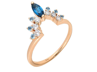 Crown ring with diamonds, London blue topaz & blue topaz in rose gold