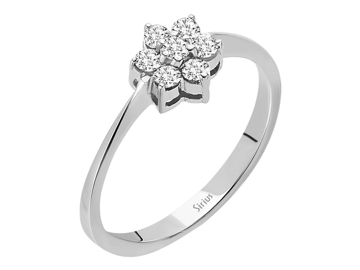 Anmutiger Blumenring mit 7 Rund geschliffenen laborgezüchteten Diamanten (0,17 Karat) in 8K Weißgold