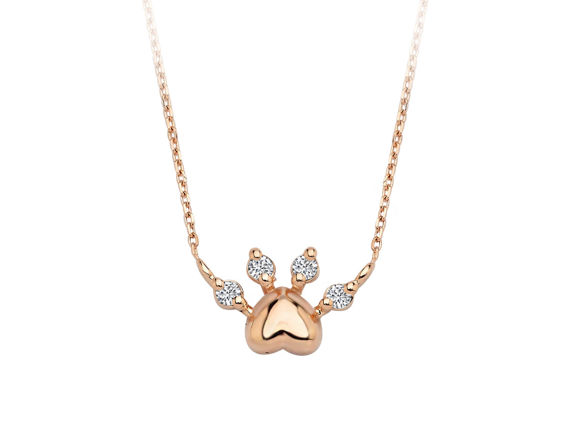 Paw pendant with heart & 4 lab diamonds in 14K rose gold