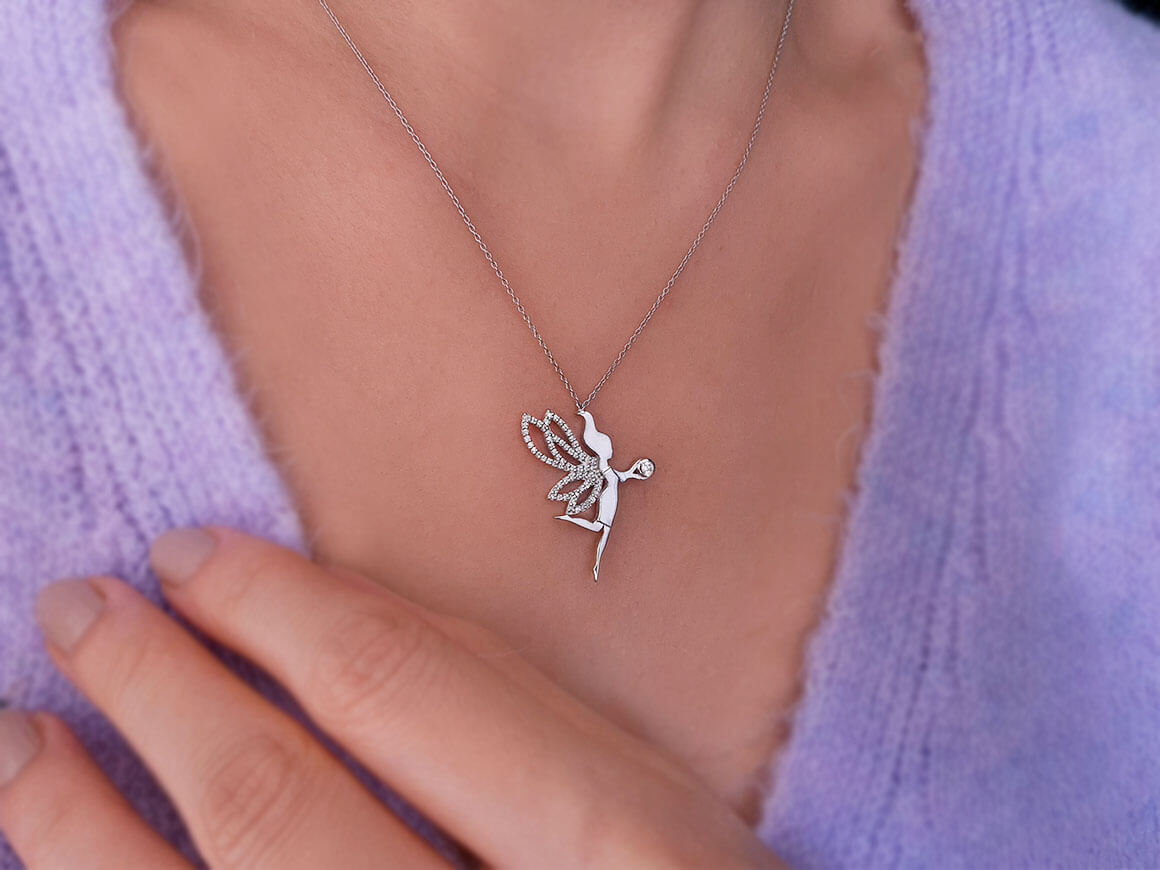 Diamond pendant "Water Fairy" with 70 stones | 14K white gold