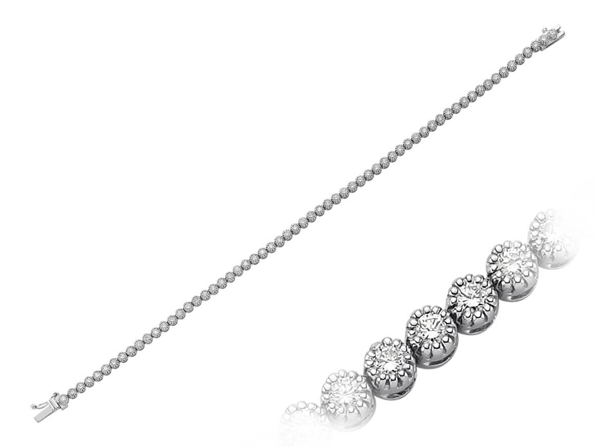 Tennisarmband mit 61 runden Diamanten in 14K Weißgold – Florale Krappenfassung – 1,83 ct