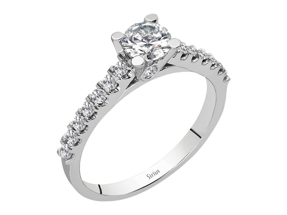 Weißgold-Diamantring mit 1 Hauptdiamant (0,44 Karat) und 16 Diamanten (0,31 Karat) im Rundschliff, 14K