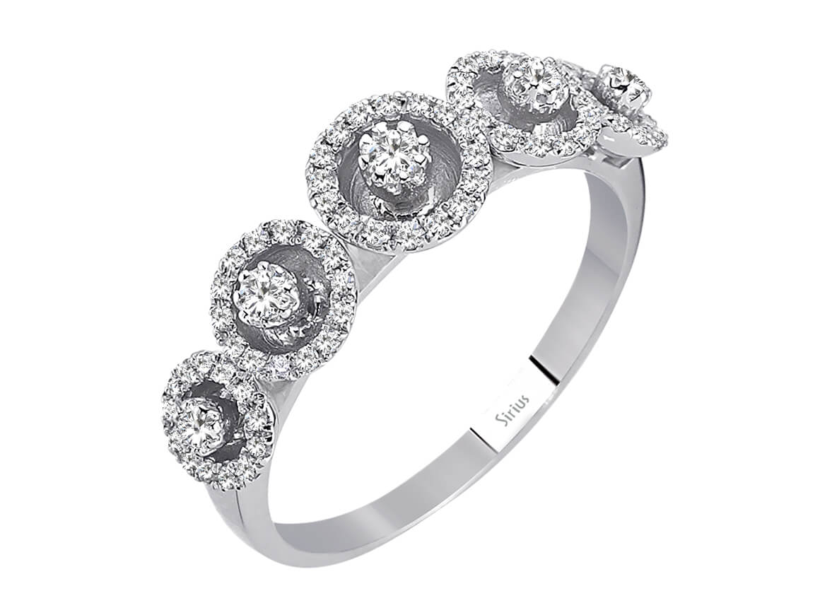 Verspielter Ring mit 5 zentralen & 70 umlaufenden Labordiamanten in 14K Weißgold – Modell 04R0338