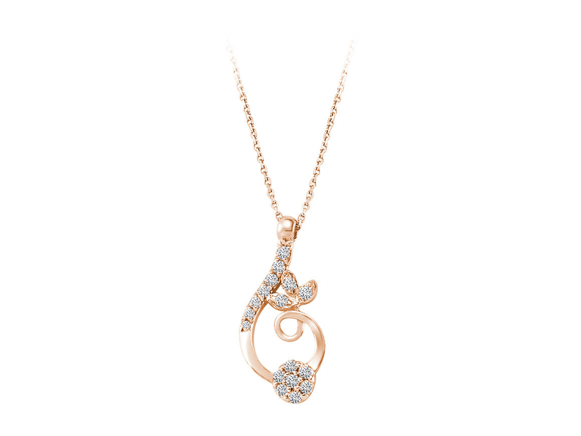Rose gold necklace with 17 lab diamonds – fantasy leaf design, 8K