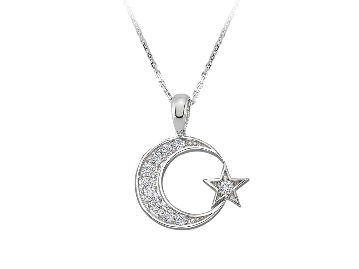 Half-moon star pendant with diamonds made of 8K white gold (0.12 ct)