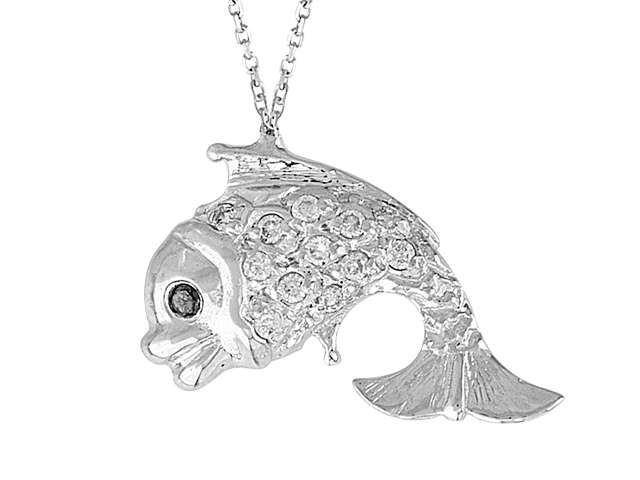 Pendentif poisson avec diamants blancs et noirs | Or blanc 14K