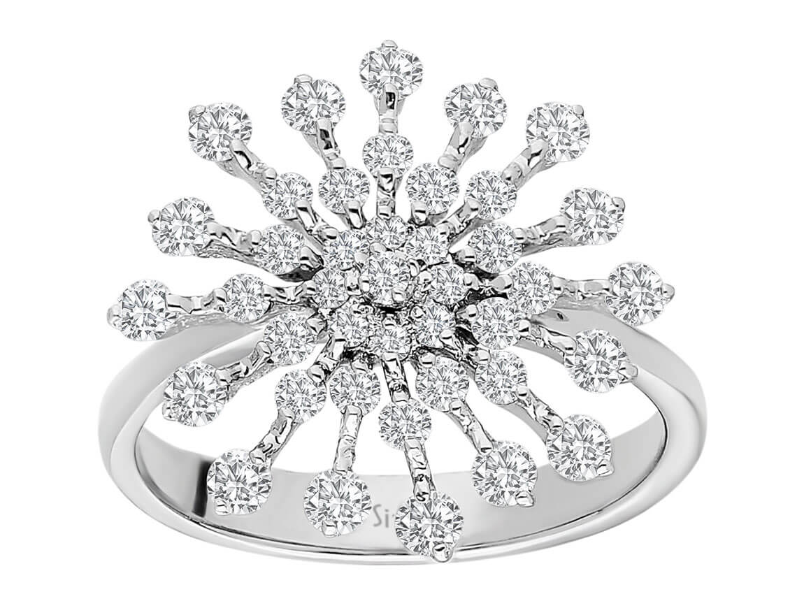Auffälliger Schneeflocken-Ring mit 41 rund geschliffenen Labor-Diamanten