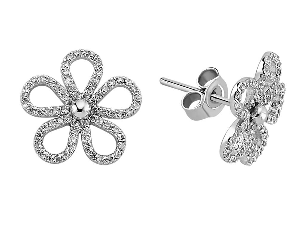 Clous d'oreilles diamant floraux avec 140 pierres en or blanc 585