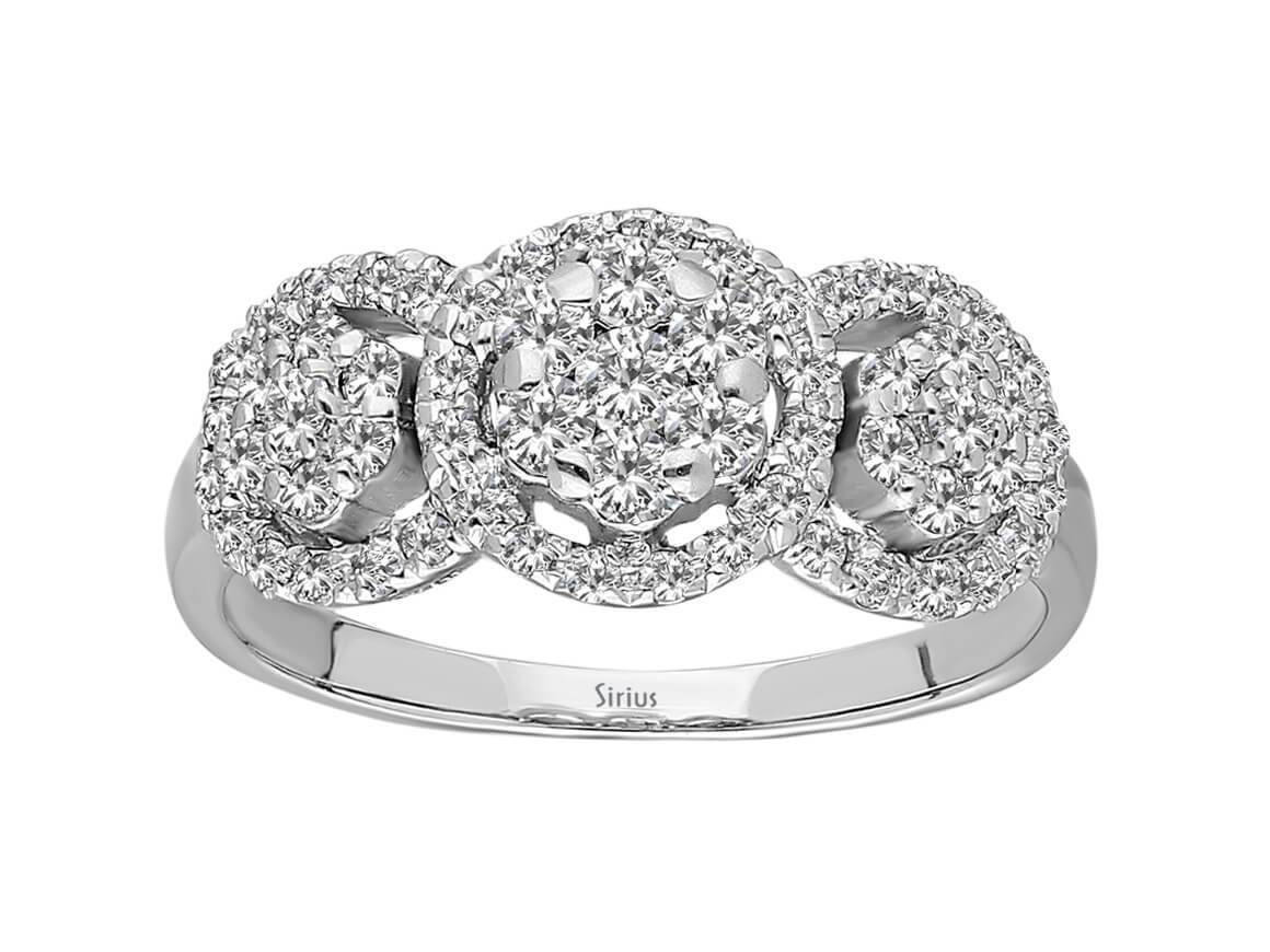 Eleganter Blumen-Tria-Ring mit 61 Rundschliff Diamanten aus 14K Weißgold - hochwertiger Schmuck von Rosy Lab Diamonds