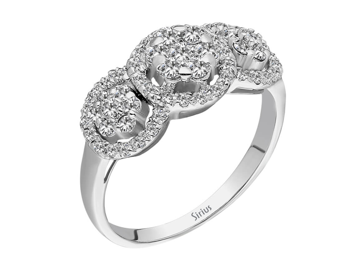 Eleganter Blumen-Tria-Ring mit 61 Rundschliff-Diamanten in 14 Karat Weißgold