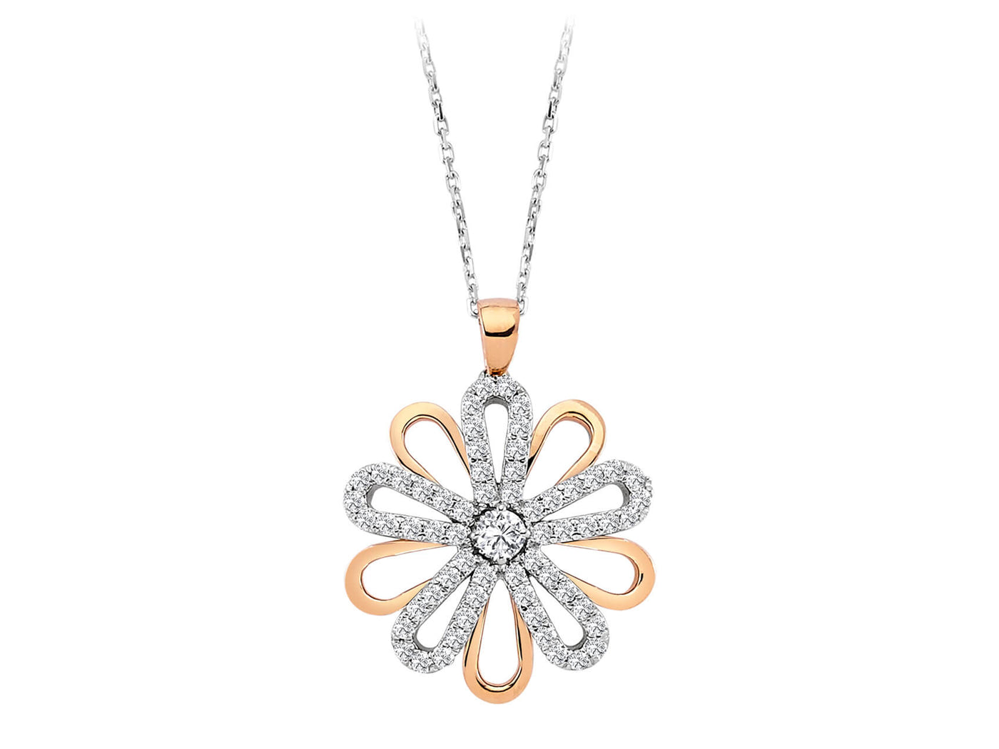 Zweifarbige Gänseblümchen-Halskette mit 61 Diamanten – 5,80 g – 14K Gold