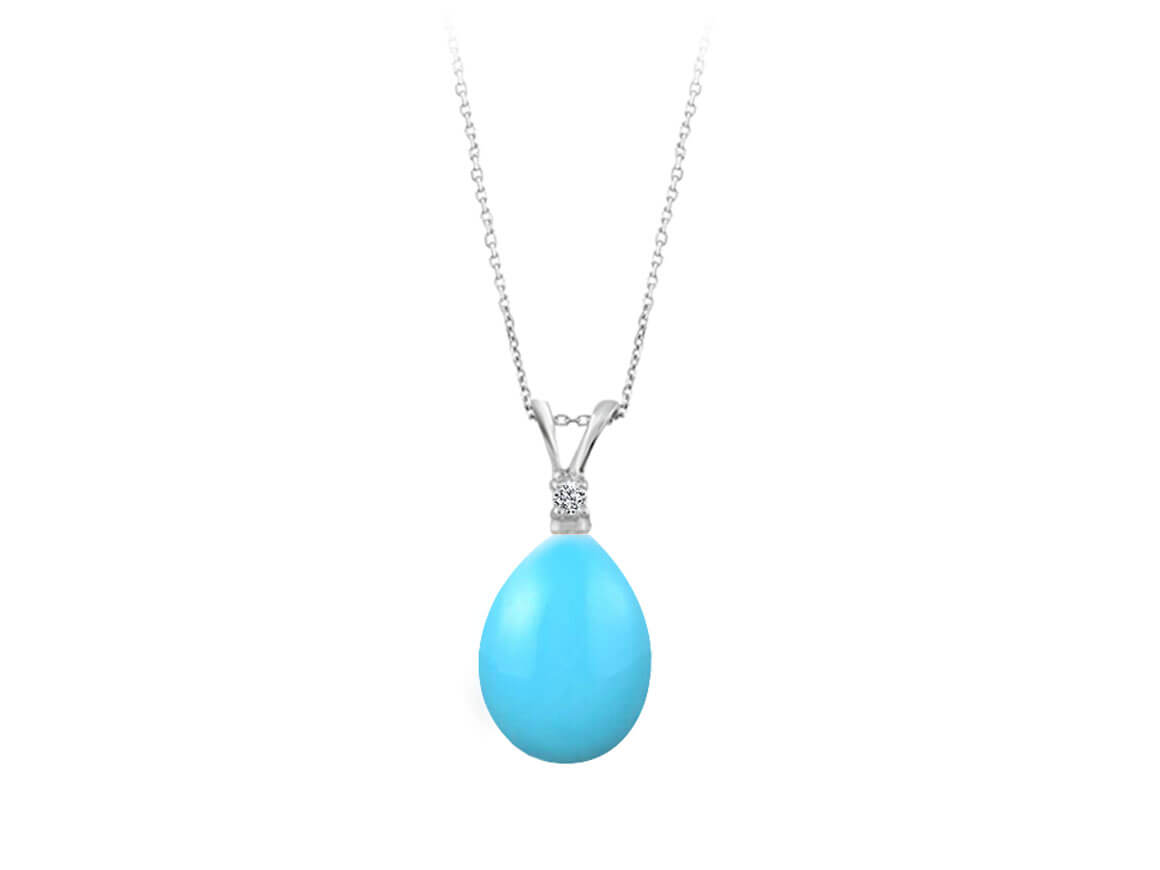 Pendentif « Liva » avec turquoise goutte et diamant synthétique en or blanc 14 carats
