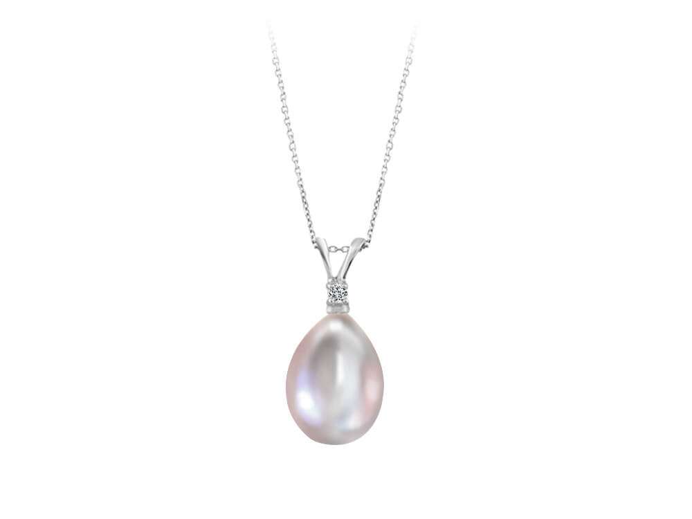 Pendant with silver-colored drop pearl and lab-grown diamond – 14K white gold