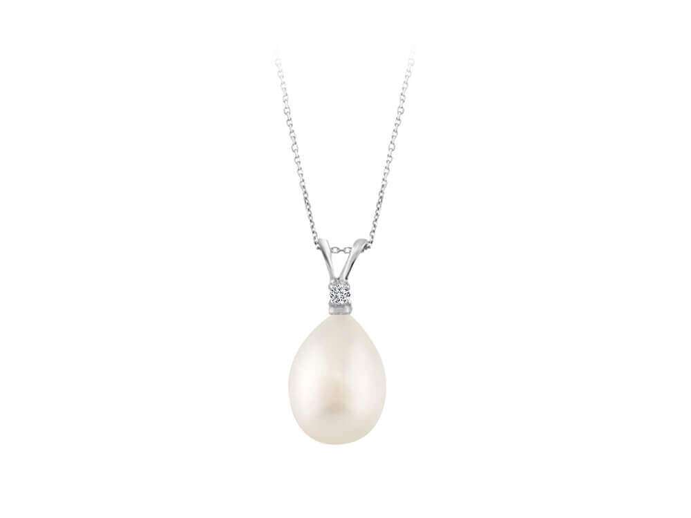 Elegant diamond pearl necklace with teardrop pendant made of 14K white gold