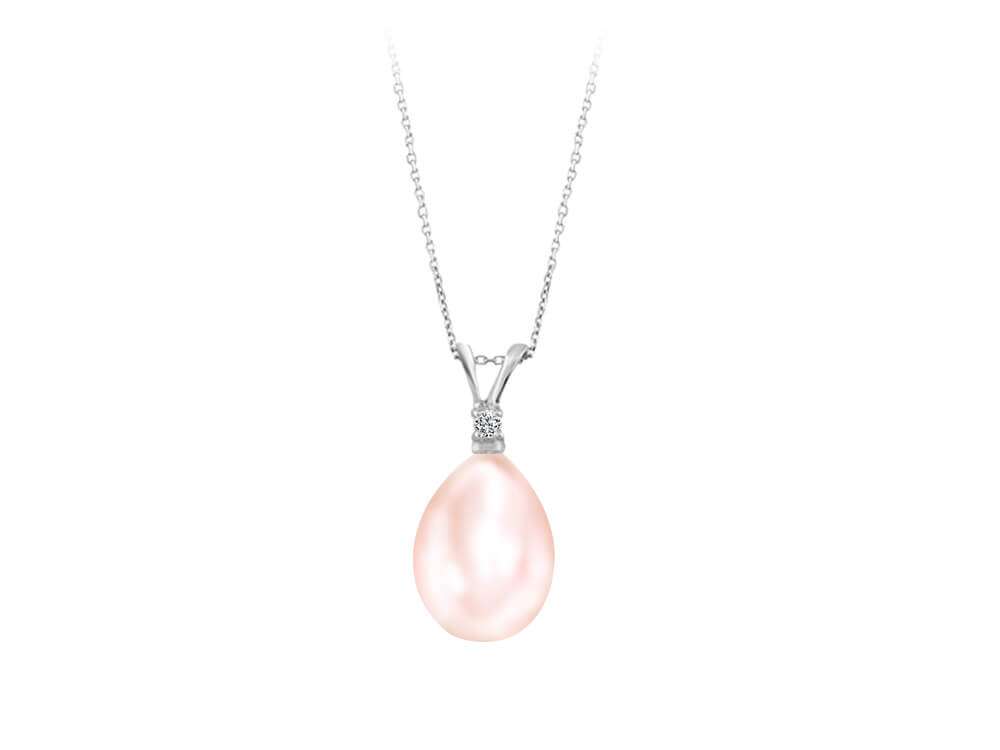 Pendentif avec perle goutte rose et diamant synthétique – or blanc 14K