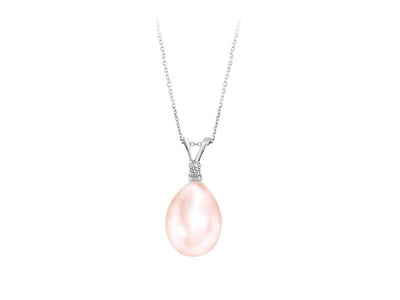 Pendentif avec perle goutte rose et diamant synthétique – or blanc 14K