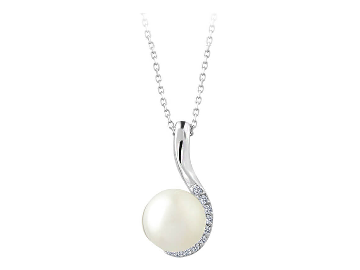 Elegant necklace with round pearl (2.85 ct) and diamonds in 14K white gold
