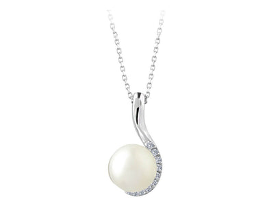 Elegant necklace with round pearl (2.85 ct) and diamonds in 14K white gold