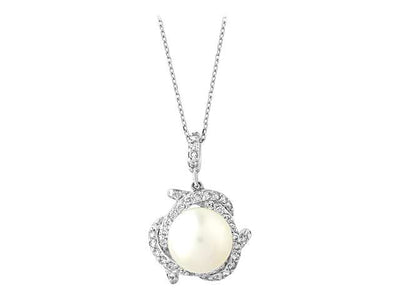 Elegant necklace with 5 ct round pearl and 41 diamonds in 14K white gold