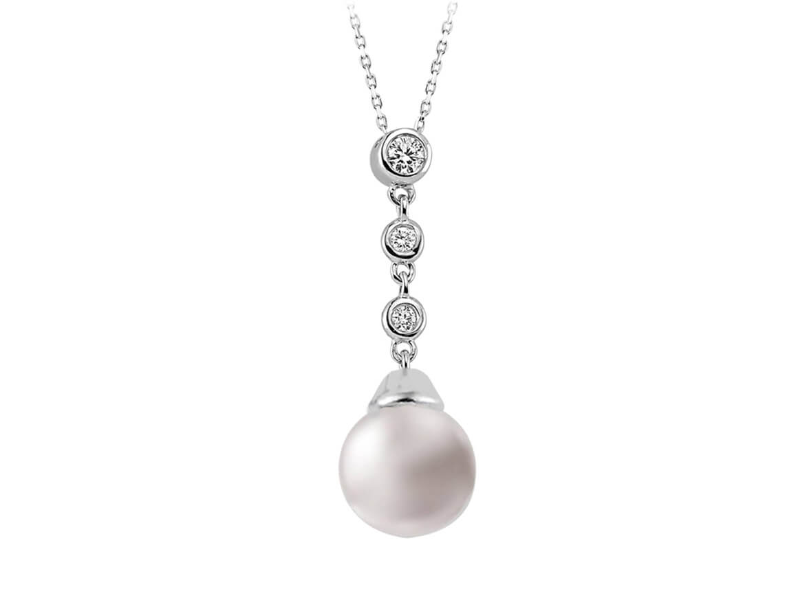 Élégante chaîne pendentif avec perle de culture & diamants – 5,10 mm & 0,10 ct en or blanc 14 carats