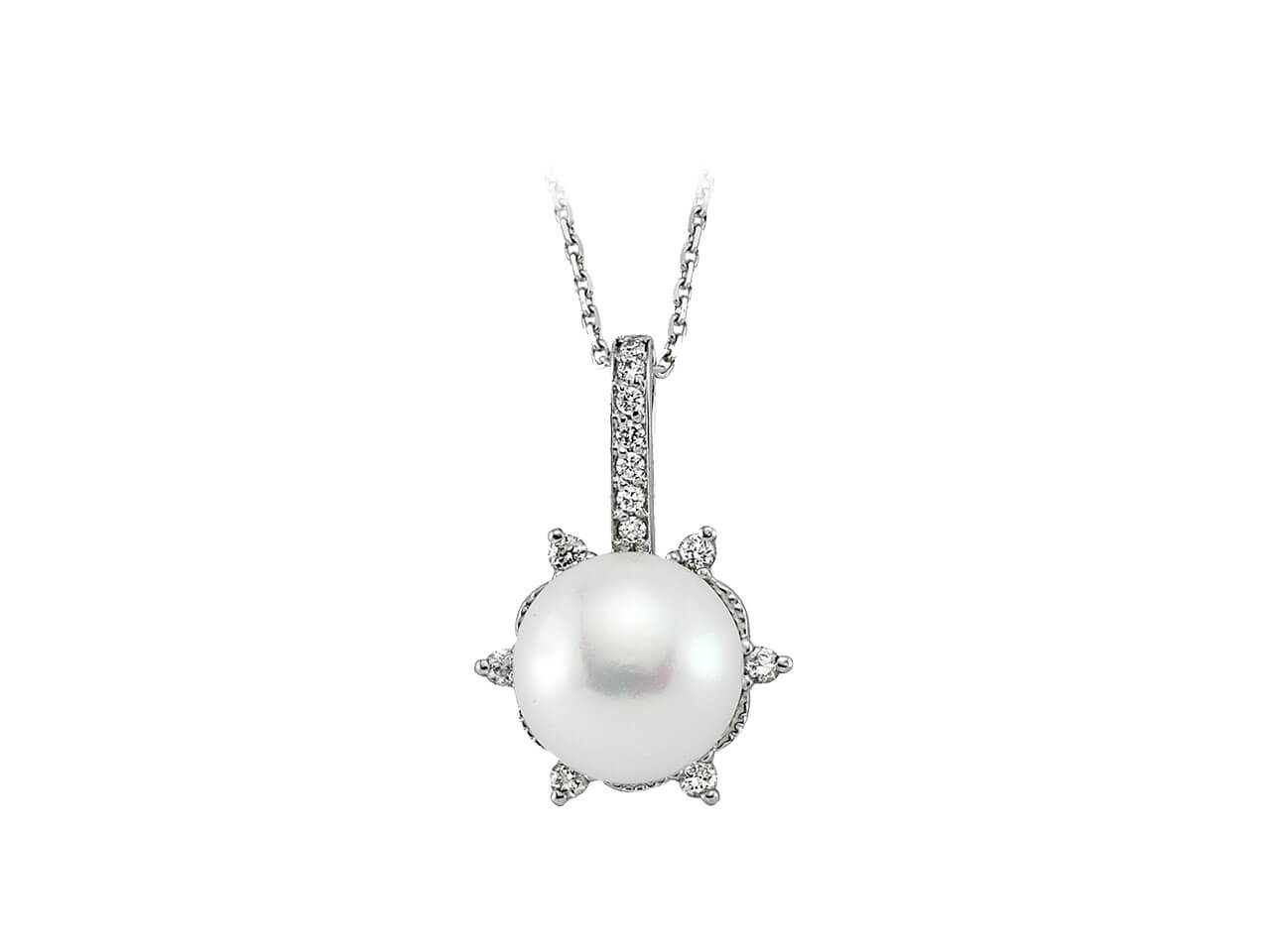 Perlenkette mit Diamanten - 5,15 mm Perle & 0,17 ct | 14K Weißgold - hochwertiger Schmuck von Rosy Lab Diamonds