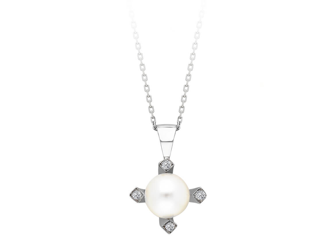 Cross-shaped pearl pendant with 4 diamonds in 8K white gold