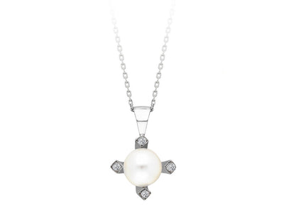 Cross-shaped pearl pendant with 4 diamonds in 8K white gold