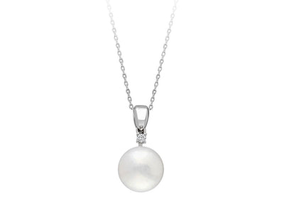 Classic necklace with round pearl and diamond in 8K white gold