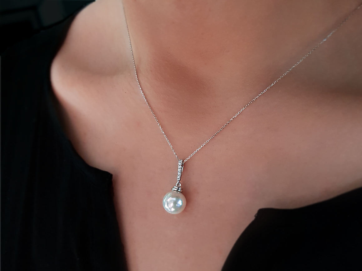 Halskette mit Perle & Labordiamanten in 14K Weißgold | Rosy – hochwertiger Schmuck von Rosy Lab Diamonds