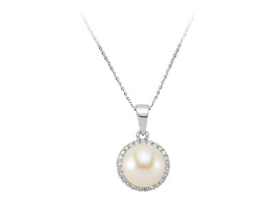 Collier élégant avec perle et diamant cultivé en laboratoire de 0,13 ct en or blanc 14K