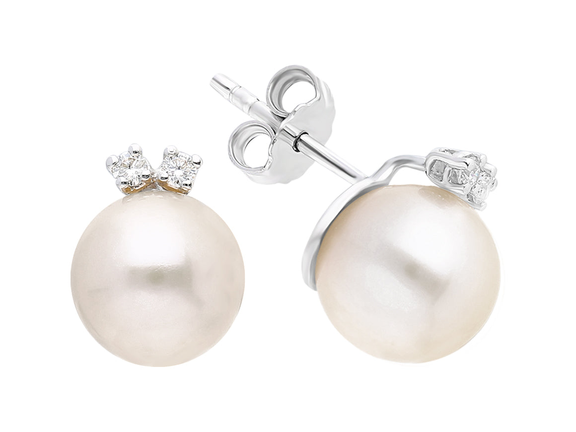 Boucles d’oreilles en perles avec 4 diamants – Or Blanc 333, classiques et élégantes – Bijoux haut de gamme de Rosy Lab Diamonds