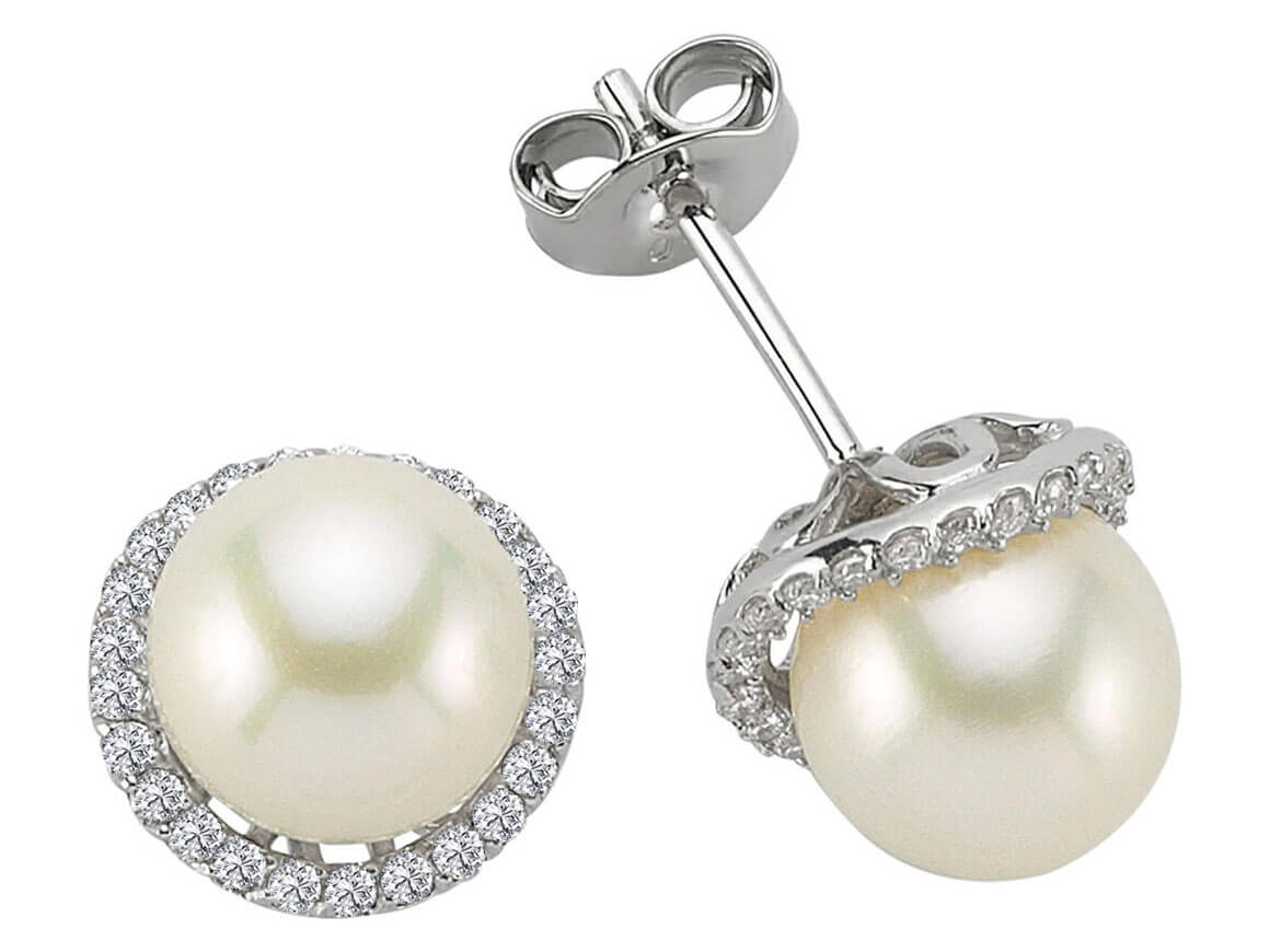Elegant 14K white gold stud earrings with pearls & 0.25 ct lab-grown diamonds