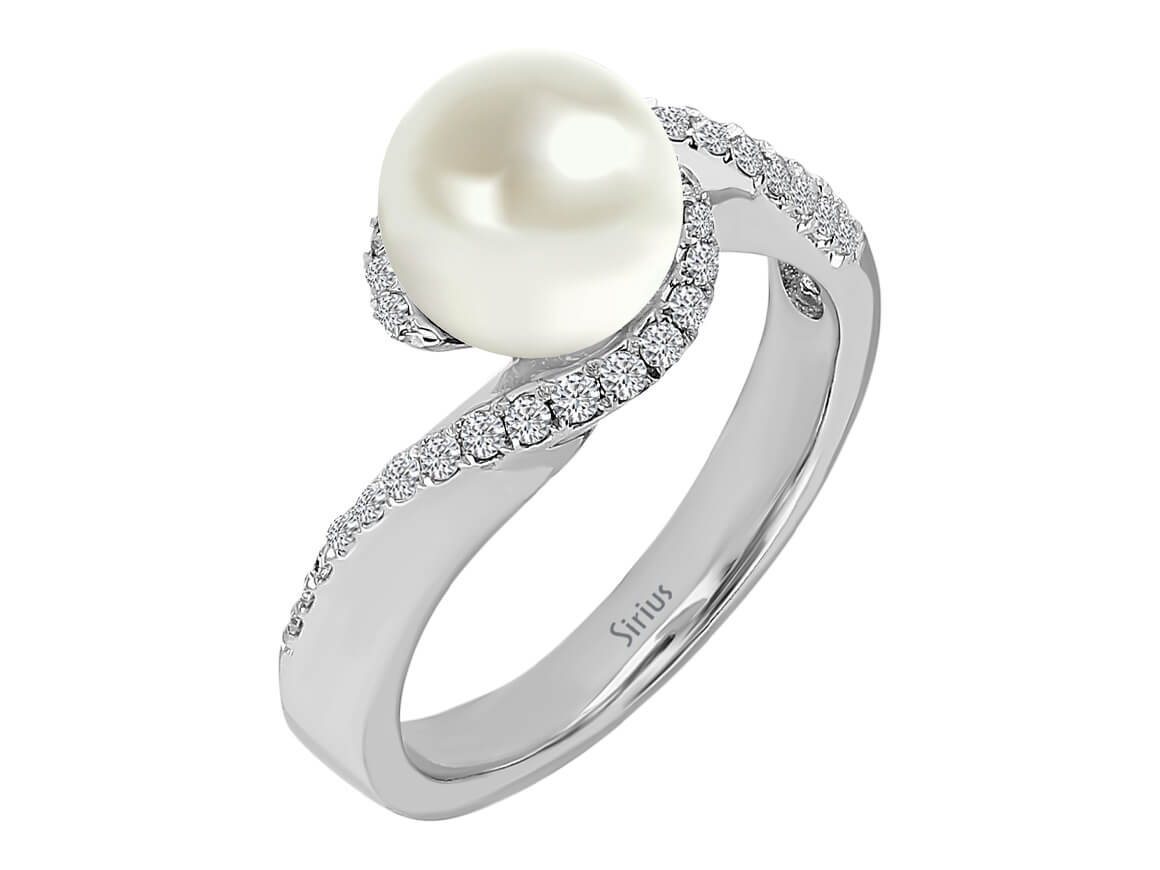 Elegant pearl ring with 32 lab-grown diamonds and 14K White Gold - Exclusive Jewelry - high-quality Jewelry by Rosy Lab Diamonds