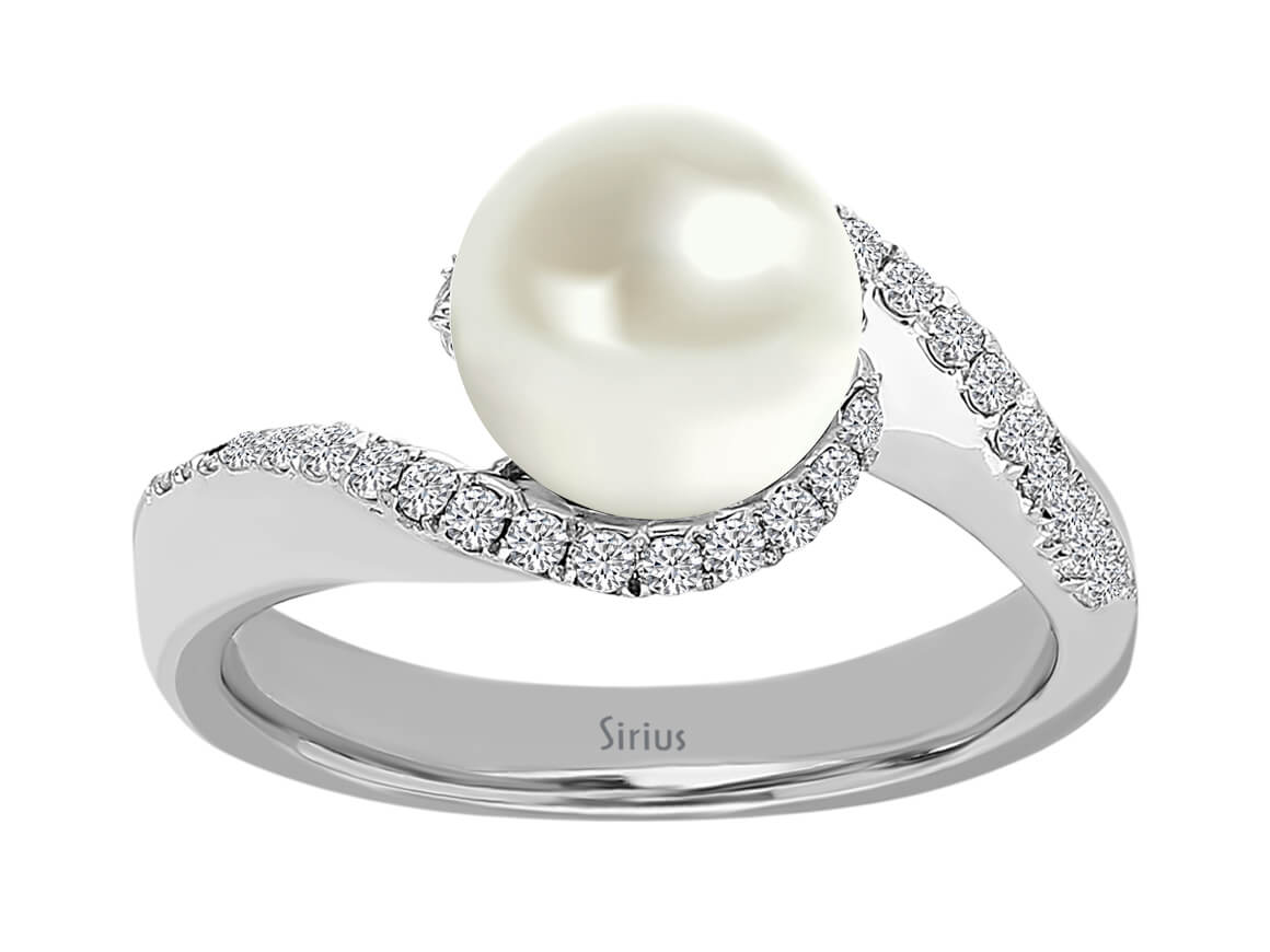 Elegant pearl ring with 32 lab-grown diamonds and 14K White Gold - Exclusive Jewelry - high-quality Jewelry by Rosy Lab Diamonds