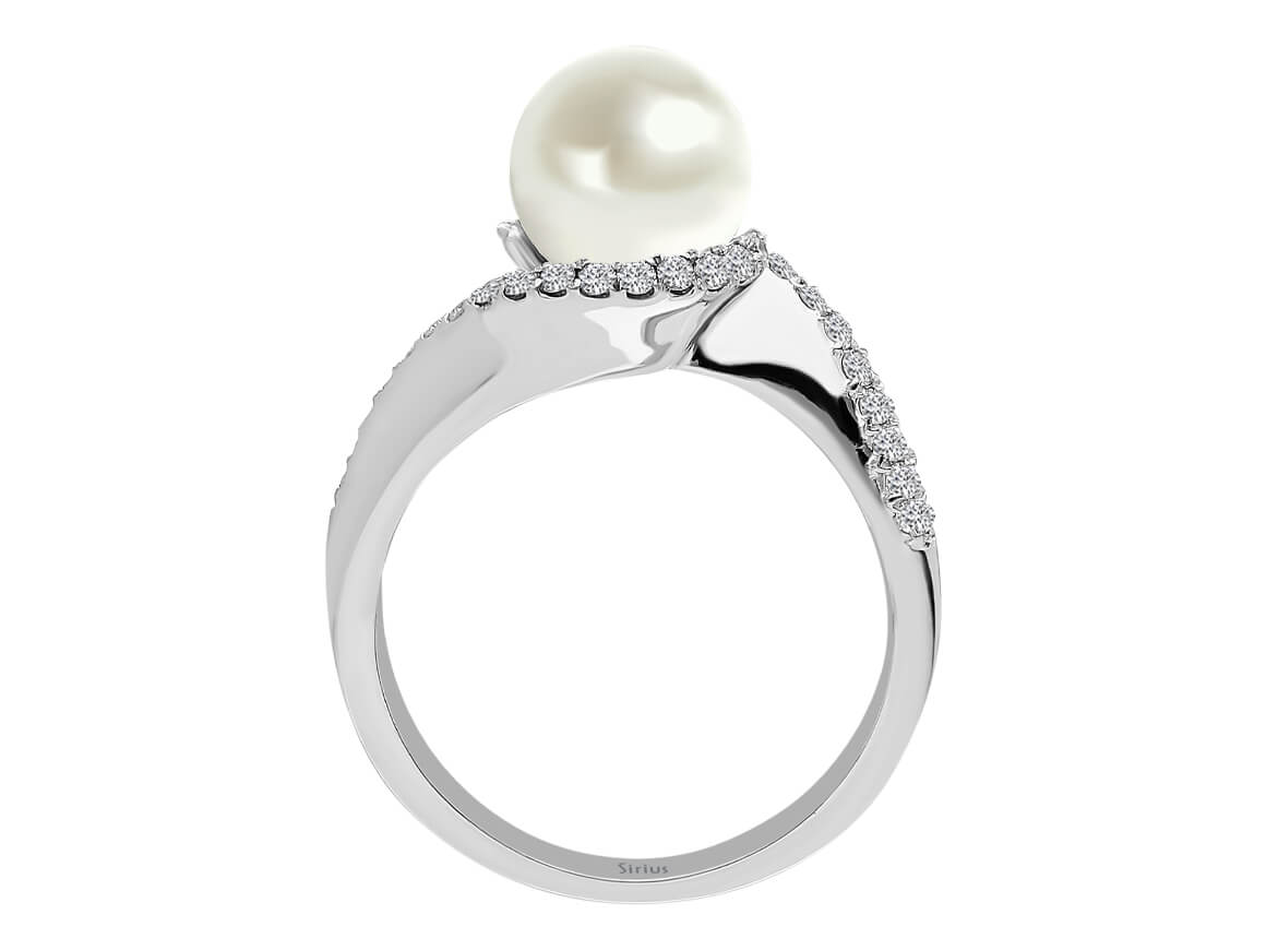 Elegant pearl ring with 32 lab-grown diamonds and 14K White Gold - Exclusive Jewelry - high-quality Jewelry by Rosy Lab Diamonds