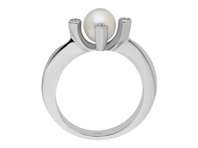 Weißgoldring mit 4 rund geschliffenen laborgezüchteten Diamanten 0,04 ct und 1 runder Perle 1,59 ct, 8 Karat Gold