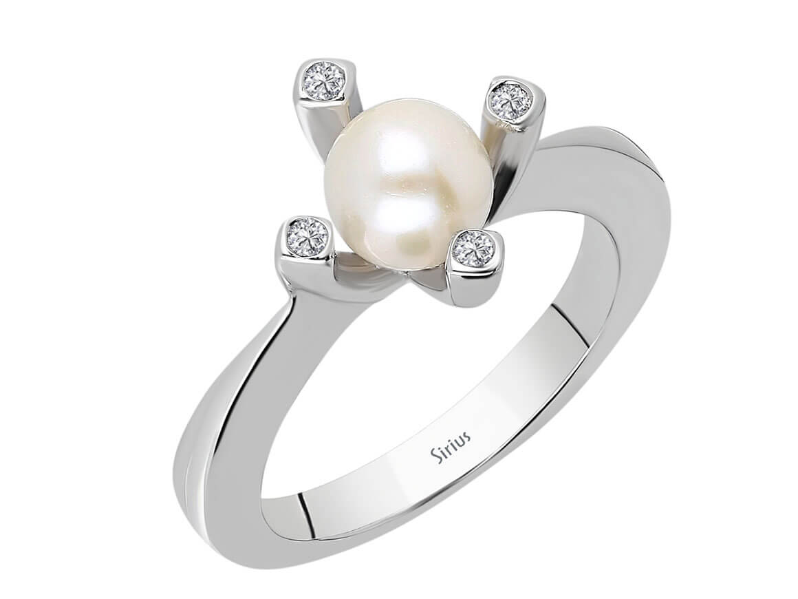 Weißgoldring mit 4 rund geschliffenen laborgezüchteten Diamanten 0,04 ct und 1 runder Perle 1,59 ct, 8 Karat Gold