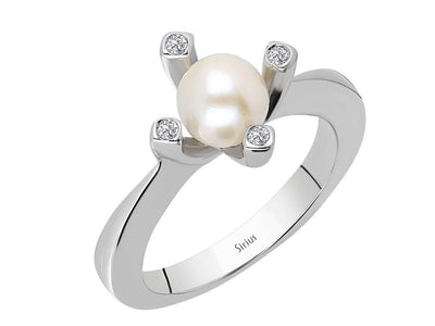 Weißgoldring mit 4 rund geschliffenen laborgezüchteten Diamanten 0,04 ct und 1 runder Perle 1,59 ct, 8 Karat Gold