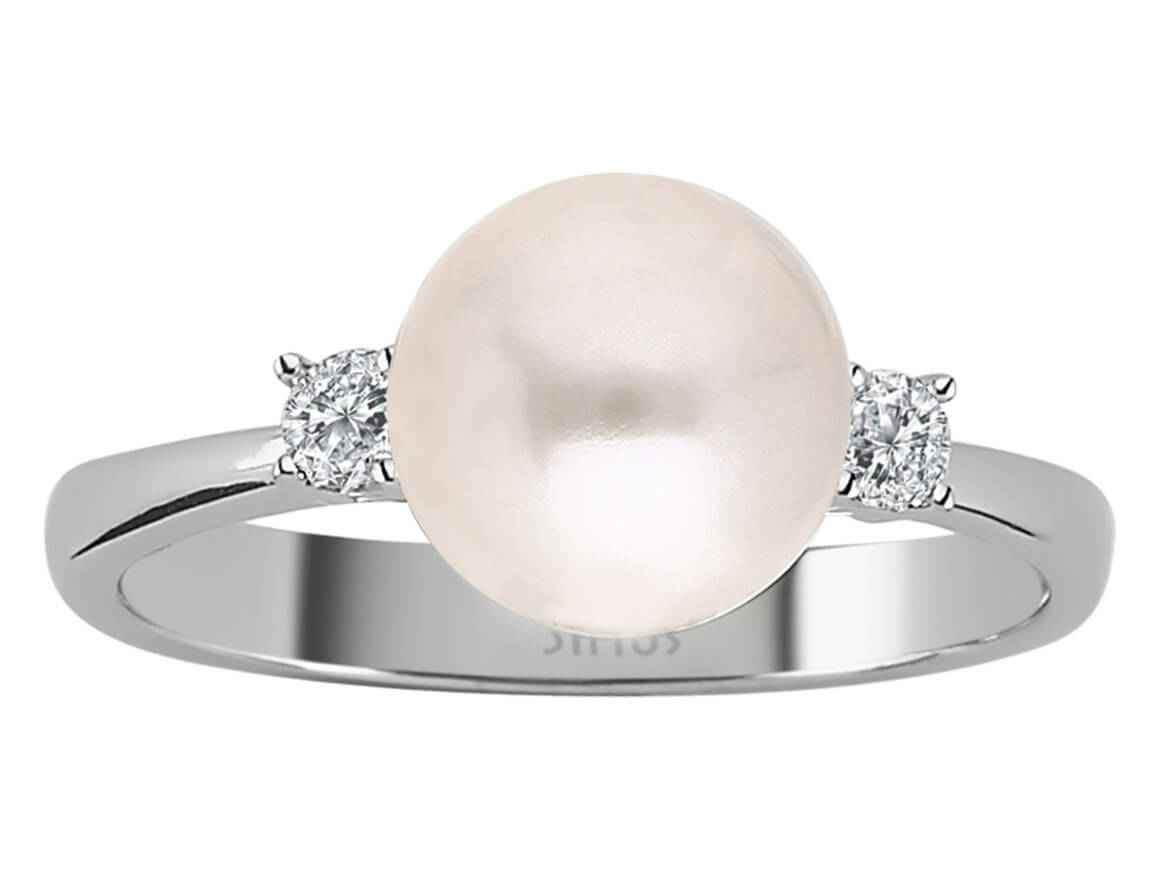Weißgoldring mit 2 laborgezüchteten Diamanten und einer großen Perle