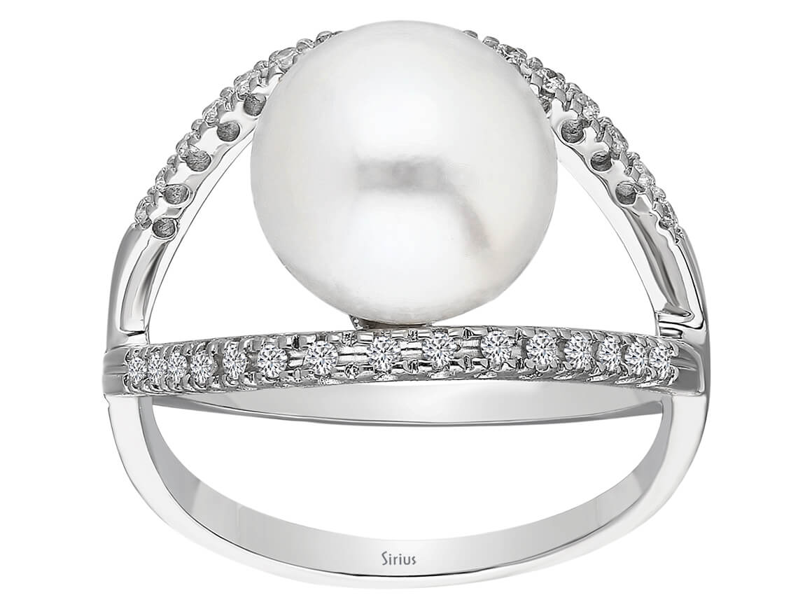 Bague en Or Blanc avec diamants de laboratoire et grande perle | Bijoux en Or Blanc 14K - Bijoux haut de gamme de Rosy Lab Diamonds