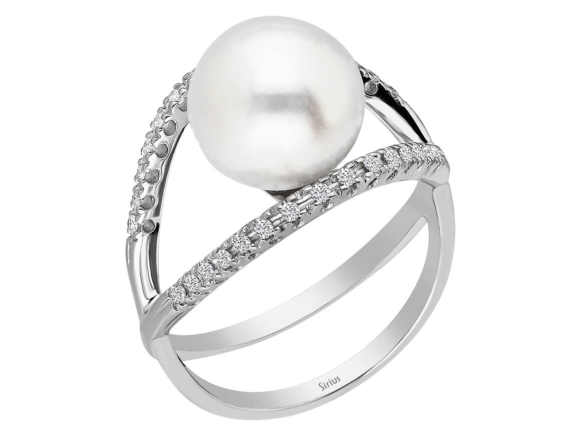 Bague en Or Blanc avec diamants de laboratoire et grande perle | Bijoux en Or Blanc 14K - Bijoux haut de gamme de Rosy Lab Diamonds